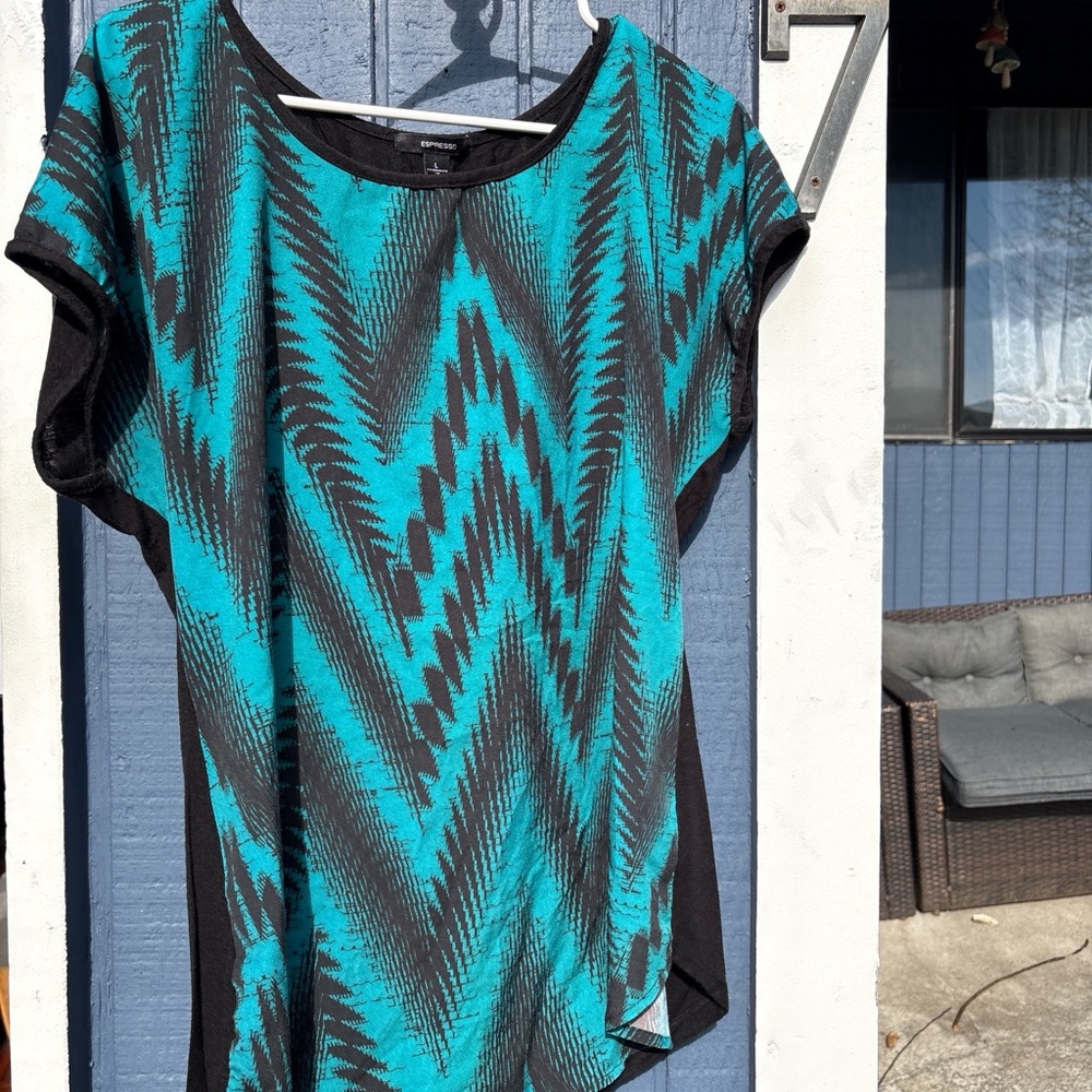 Black and Teal Patterned Women's Top